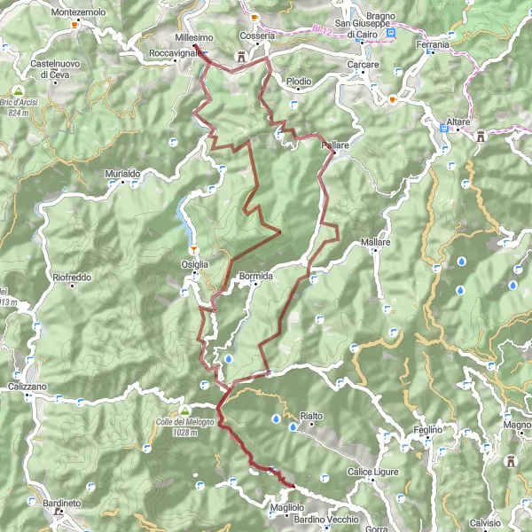 Kartminiatyr av "Gruset Fjelltur Loop" sykkelinspirasjon i Liguria, Italy. Generert av Tarmacs.app sykkelrutoplanlegger