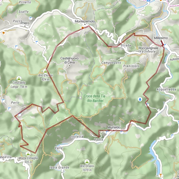 Map miniature of "Gravel Ride to Bric Tana" cycling inspiration in Liguria, Italy. Generated by Tarmacs.app cycling route planner