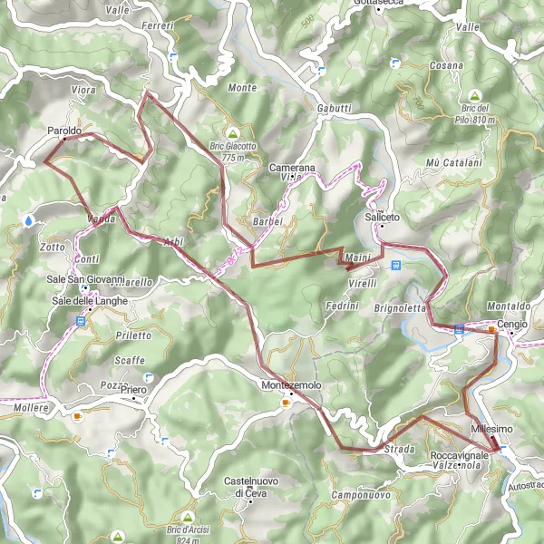 Miniatua del mapa de inspiración ciclista "Ruta de ciclismo en gravilla desde Millesimo" en Liguria, Italy. Generado por Tarmacs.app planificador de rutas ciclistas