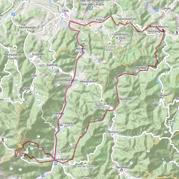 Miniatua del mapa de inspiración ciclista "Ruta de ciclismo en gravilla por los alrededores de Millesimo" en Liguria, Italy. Generado por Tarmacs.app planificador de rutas ciclistas