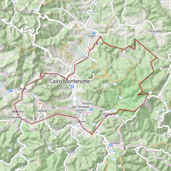Karttaminiaatyyri "Historiallinen gravel-reitti ylittäen Cengion ja Cairo Montenotten" pyöräilyinspiraatiosta alueella Liguria, Italy. Luotu Tarmacs.app pyöräilyreittisuunnittelijalla