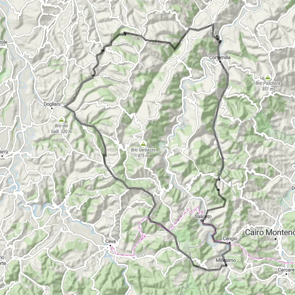 Miniatua del mapa de inspiración ciclista "Ruta de ciclismo por carretera de Millesimo" en Liguria, Italy. Generado por Tarmacs.app planificador de rutas ciclistas
