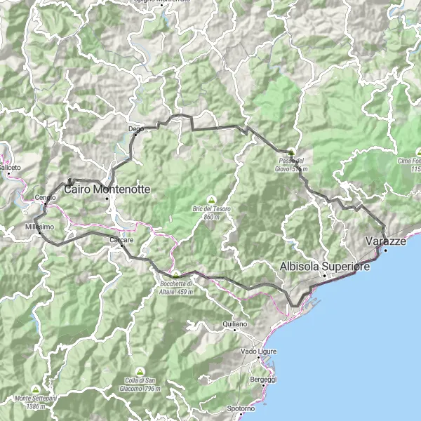 Karttaminiaatyyri "Pyöräily Cengiosta Cosseriaan ja takaisin" pyöräilyinspiraatiosta alueella Liguria, Italy. Luotu Tarmacs.app pyöräilyreittisuunnittelijalla