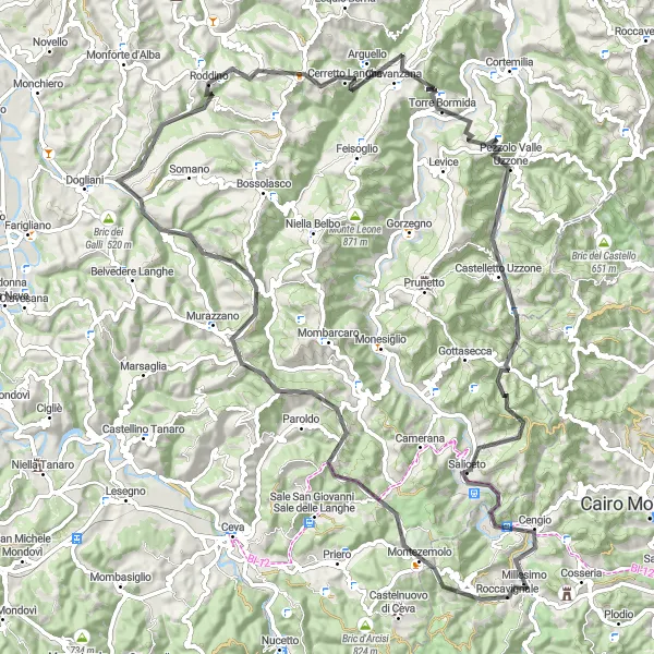 Miniatua del mapa de inspiración ciclista "Recorrido en carretera corto y desafiante desde Millesimo" en Liguria, Italy. Generado por Tarmacs.app planificador de rutas ciclistas