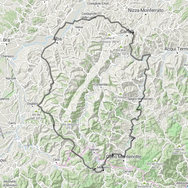 Map miniature of "Road Cycling Route: Millesimo to Cima dei Berti" cycling inspiration in Liguria, Italy. Generated by Tarmacs.app cycling route planner