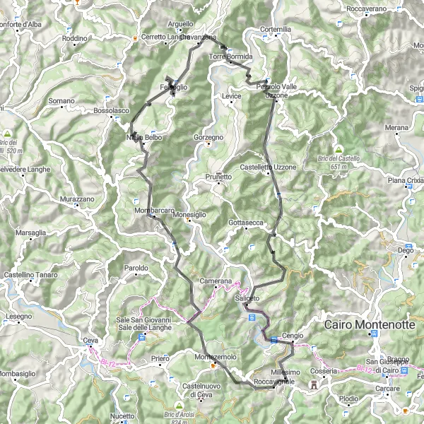 Map miniature of "Millesimo-Mombarcaro Loop" cycling inspiration in Liguria, Italy. Generated by Tarmacs.app cycling route planner