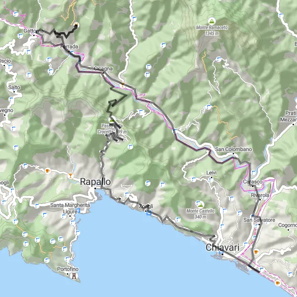 Map miniature of "Moconesi to Monleone Loop" cycling inspiration in Liguria, Italy. Generated by Tarmacs.app cycling route planner