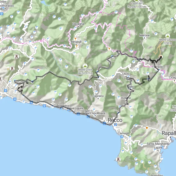 Miniatura della mappa di ispirazione al ciclismo "Tra monti e mare" nella regione di Liguria, Italy. Generata da Tarmacs.app, pianificatore di rotte ciclistiche