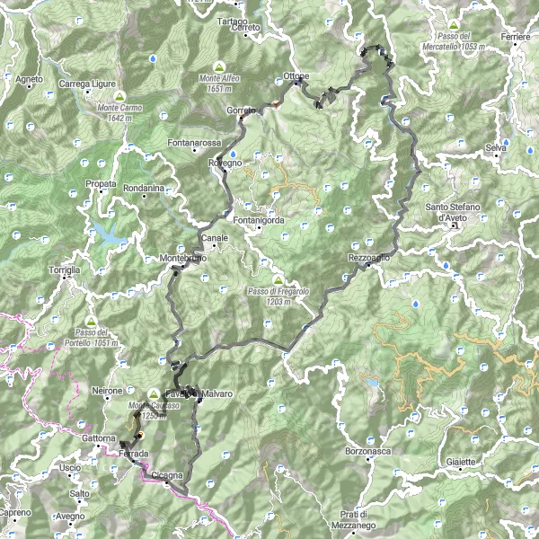 Miniatua del mapa de inspiración ciclista "Gran recorrido de 118 km en carretera desde Moconesi" en Liguria, Italy. Generado por Tarmacs.app planificador de rutas ciclistas