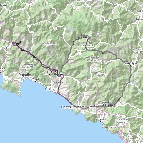 Zemljevid v pomanjšavi "Epic cycling loop around Moconesi: the ultimate adventure" kolesarske inspiracije v Liguria, Italy. Generirano z načrtovalcem kolesarskih poti Tarmacs.app