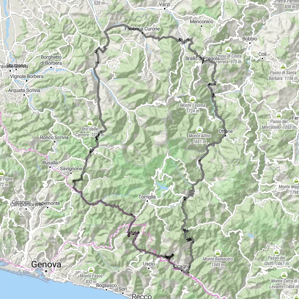Map miniature of "Moconesi to Monte Pelato Loop" cycling inspiration in Liguria, Italy. Generated by Tarmacs.app cycling route planner