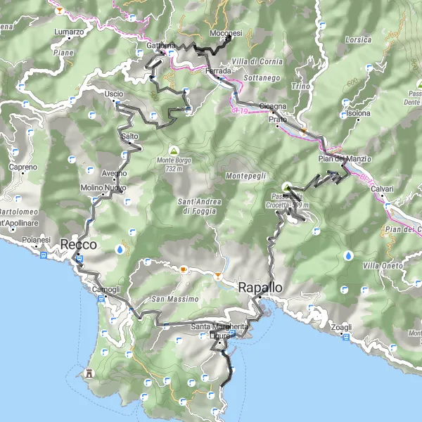 Miniatua del mapa de inspiración ciclista "Ruta de ciclismo en carretera desde Moconesi" en Liguria, Italy. Generado por Tarmacs.app planificador de rutas ciclistas