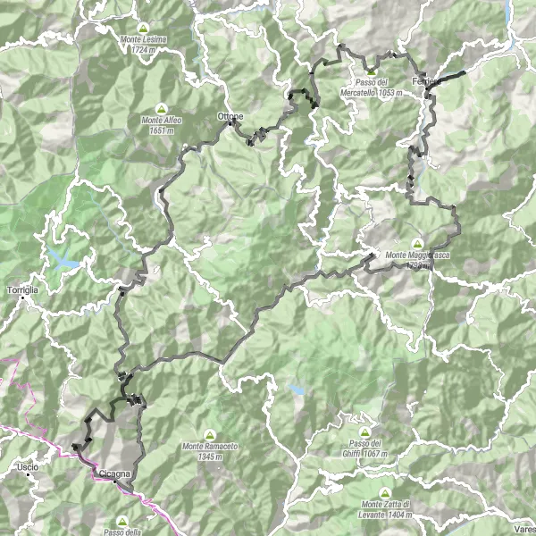 Map miniature of "Moconesi Hills Adventure: Conquer the Rugged Terrain" cycling inspiration in Liguria, Italy. Generated by Tarmacs.app cycling route planner