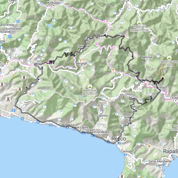 Map miniature of "Moconesi Loop - Road Cycling Route" cycling inspiration in Liguria, Italy. Generated by Tarmacs.app cycling route planner