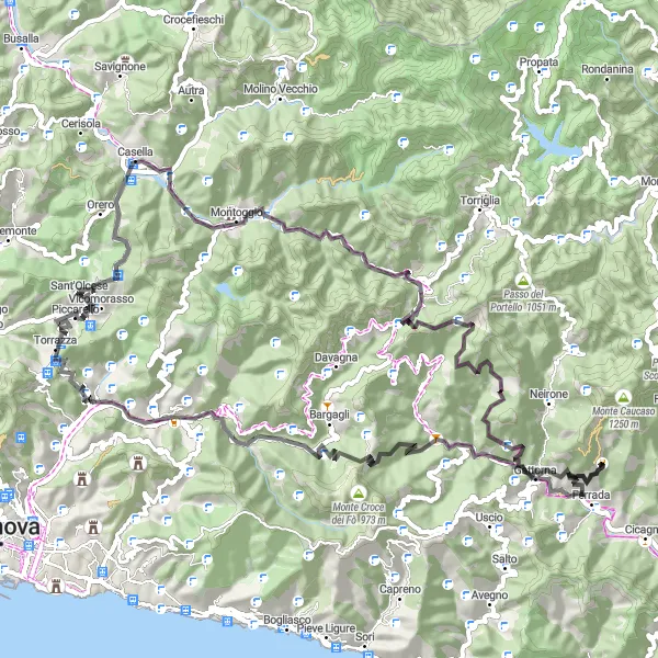Miniatua del mapa de inspiración ciclista "Desafío de 90 km cerca de Moconesi en carretera" en Liguria, Italy. Generado por Tarmacs.app planificador de rutas ciclistas