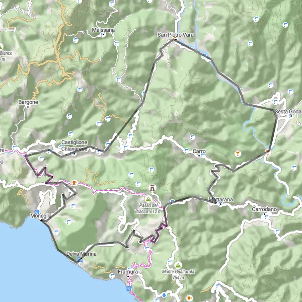 Map miniature of "The Saturnine Challenge" cycling inspiration in Liguria, Italy. Generated by Tarmacs.app cycling route planner