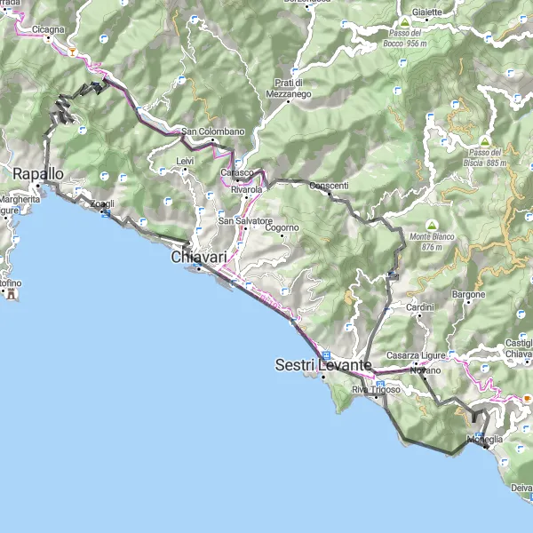 Miniatura della mappa di ispirazione al ciclismo "Giro in bici da Moneglia a Passo della Crocetta" nella regione di Liguria, Italy. Generata da Tarmacs.app, pianificatore di rotte ciclistiche