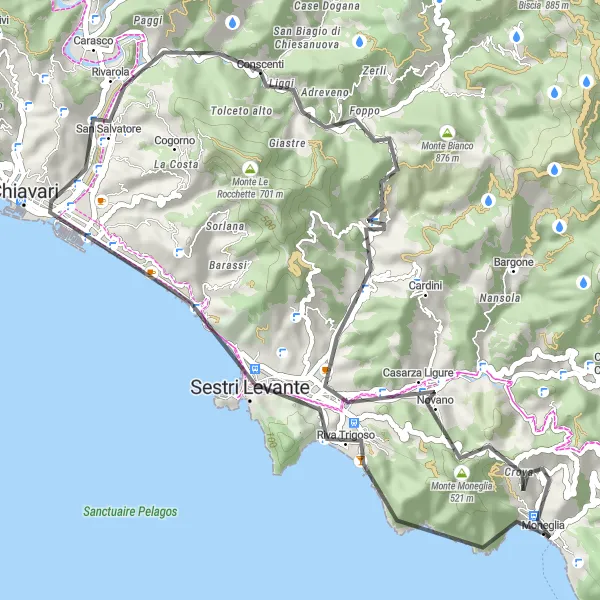 Zemljevid v pomanjšavi "Čarobna cestna kolesarska pot do Moneglie" kolesarske inspiracije v Liguria, Italy. Generirano z načrtovalcem kolesarskih poti Tarmacs.app
