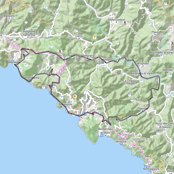 Map miniature of "Passo del Bracco and Levanto" cycling inspiration in Liguria, Italy. Generated by Tarmacs.app cycling route planner