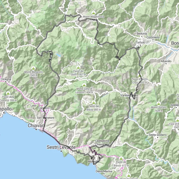 Map miniature of "Monte Moneglia and Passo della Forcella" cycling inspiration in Liguria, Italy. Generated by Tarmacs.app cycling route planner