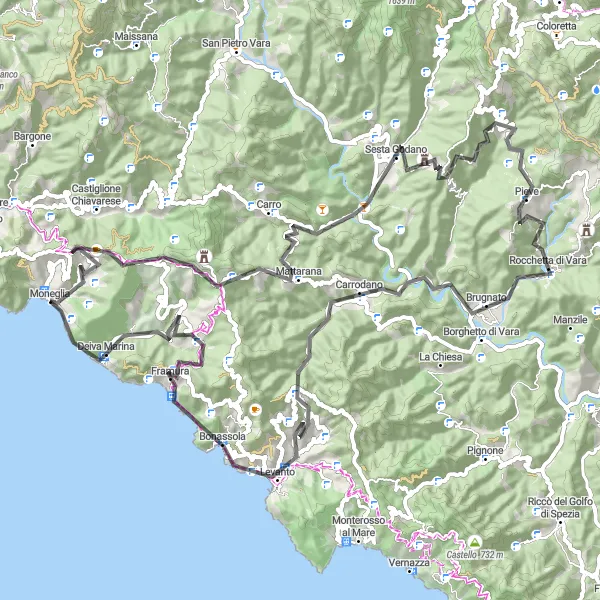 Zemljevid v pomanjšavi "Izjemna cestna kolesarska pot do Moneglie" kolesarske inspiracije v Liguria, Italy. Generirano z načrtovalcem kolesarskih poti Tarmacs.app
