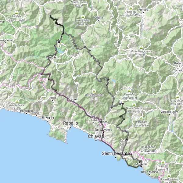 Map miniature of "Monte Moneglia and Passo della Forcella" cycling inspiration in Liguria, Italy. Generated by Tarmacs.app cycling route planner