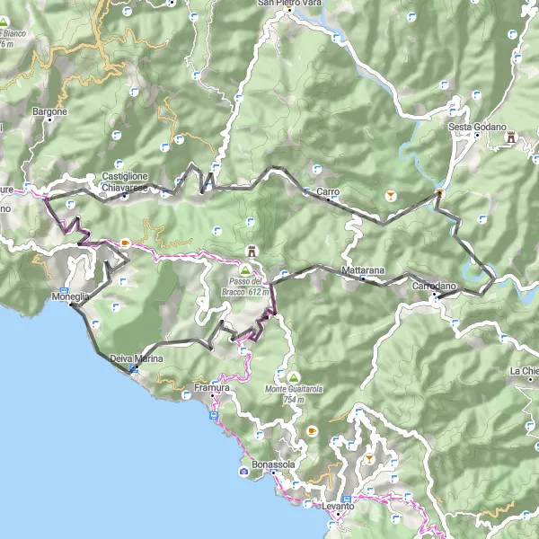 Zemljevid v pomanjšavi "Okrog Moneglie - Monte Groppe in Monte Fresco" kolesarske inspiracije v Liguria, Italy. Generirano z načrtovalcem kolesarskih poti Tarmacs.app