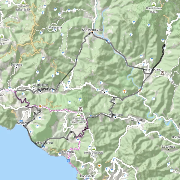 Miniatua del mapa de inspiración ciclista "Ruta del Monte Groppe y Monte Crocetta desde Moneglia" en Liguria, Italy. Generado por Tarmacs.app planificador de rutas ciclistas