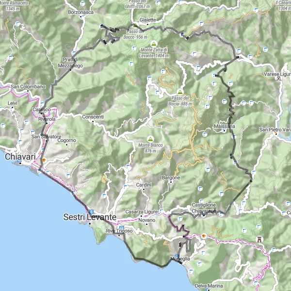 Miniatua del mapa de inspiración ciclista "Desafío al Monte Comunaglia y Monte Pelato desde Moneglia" en Liguria, Italy. Generado por Tarmacs.app planificador de rutas ciclistas