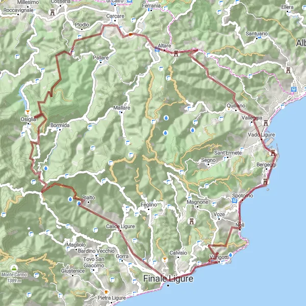 Miniatura della mappa di ispirazione al ciclismo "Giro per Monte Settepani e Bocchetta di Altare" nella regione di Liguria, Italy. Generata da Tarmacs.app, pianificatore di rotte ciclistiche