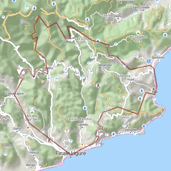 Mapa miniatúra "Gravel trasa Calice Ligure" cyklistická inšpirácia v Liguria, Italy. Vygenerované cyklistickým plánovačom trás Tarmacs.app