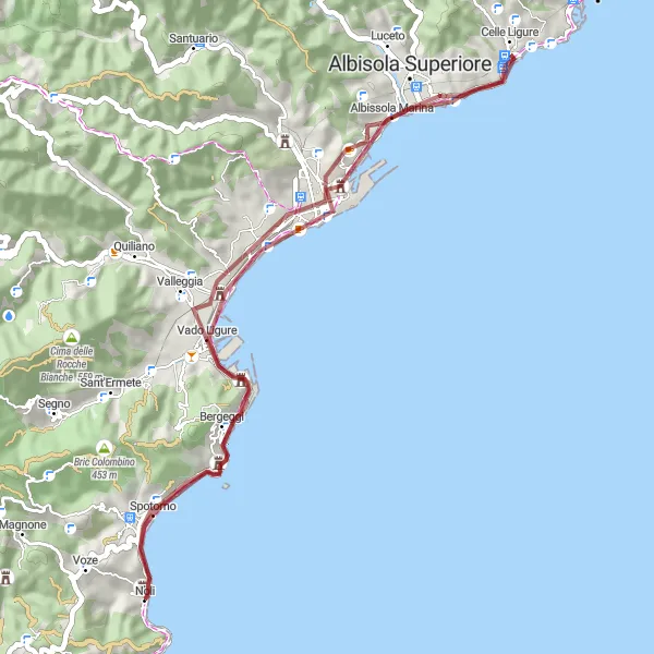 Miniature de la carte de l'inspiration cycliste "Exploration de la côte ligurienne jusqu'à Spotorno" dans la Liguria, Italy. Générée par le planificateur d'itinéraire cycliste Tarmacs.app