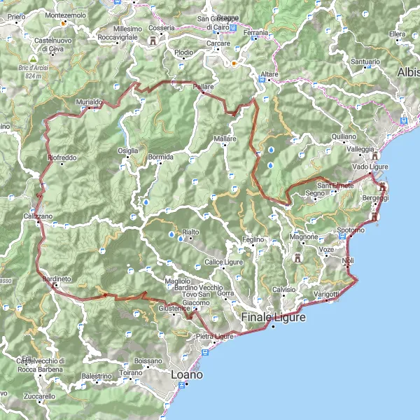 Miniatura della mappa di ispirazione al ciclismo "Esplorazione tra Pietra Ligure e Spotorno" nella regione di Liguria, Italy. Generata da Tarmacs.app, pianificatore di rotte ciclistiche