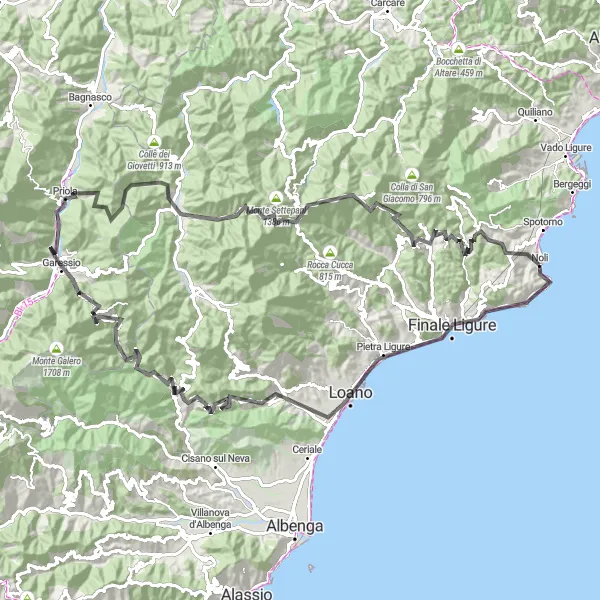 Zemljevid v pomanjšavi "Noli do Calizzano in nazaj" kolesarske inspiracije v Liguria, Italy. Generirano z načrtovalcem kolesarskih poti Tarmacs.app