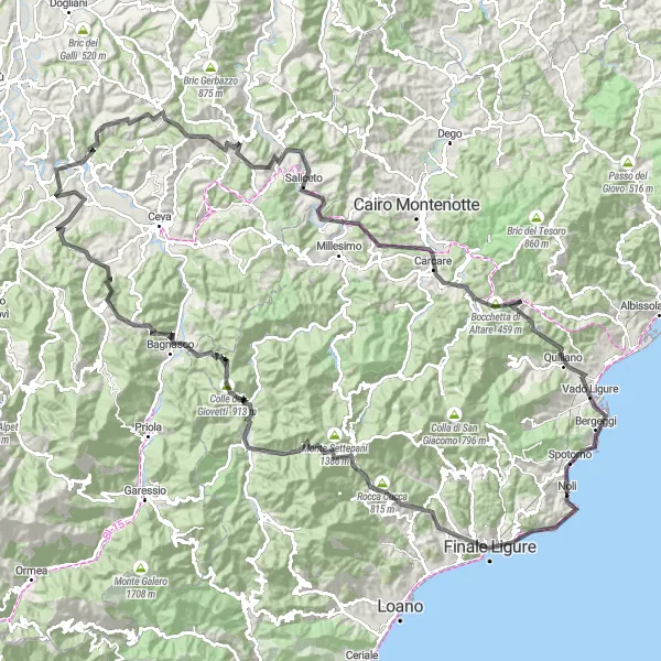 Kartminiatyr av "Noli till Spotorno Loop" cykelinspiration i Liguria, Italy. Genererad av Tarmacs.app cykelruttplanerare