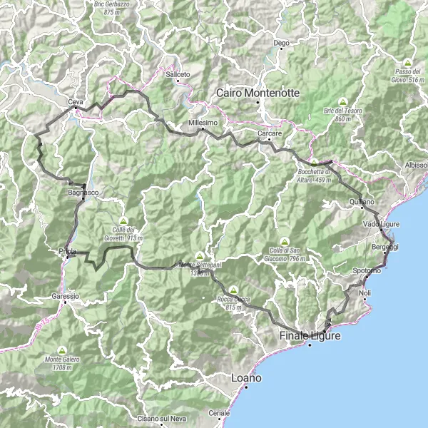 Miniatura della mappa di ispirazione al ciclismo "Giro in bicicletta tra Monte Corno e Spotorno" nella regione di Liguria, Italy. Generata da Tarmacs.app, pianificatore di rotte ciclistiche