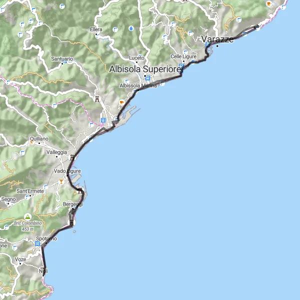 Karttaminiaatyyri "Noli - Vado Ligure - Bergeggi (maantiepyöräily)" pyöräilyinspiraatiosta alueella Liguria, Italy. Luotu Tarmacs.app pyöräilyreittisuunnittelijalla