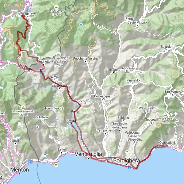 Zemljevid v pomanjšavi "Epic Gravel Adventure through Mont Grazian" kolesarske inspiracije v Liguria, Italy. Generirano z načrtovalcem kolesarskih poti Tarmacs.app