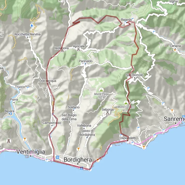 Kartminiatyr av "Grusvei Oppdagelsesrute" sykkelinspirasjon i Liguria, Italy. Generert av Tarmacs.app sykkelrutoplanlegger
