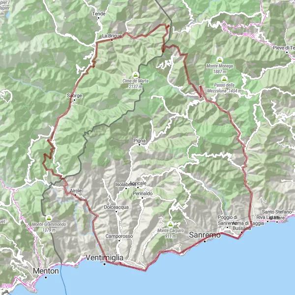 Miniatura della mappa di ispirazione al ciclismo "Giro in Gravel da Ospedaletti" nella regione di Liguria, Italy. Generata da Tarmacs.app, pianificatore di rotte ciclistiche