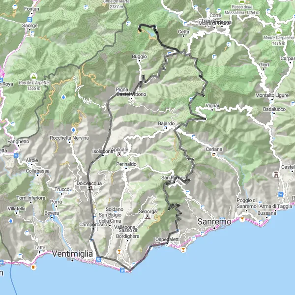 Miniatuurkaart van de fietsinspiratie "Dolceacqua en Monte Bignone" in Liguria, Italy. Gemaakt door de Tarmacs.app fietsrouteplanner