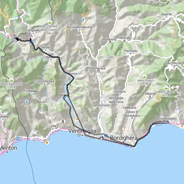 Karttaminiaatyyri "Vallecrosia ja Passo della Pagliurà - Maantiepyöräily" pyöräilyinspiraatiosta alueella Liguria, Italy. Luotu Tarmacs.app pyöräilyreittisuunnittelijalla