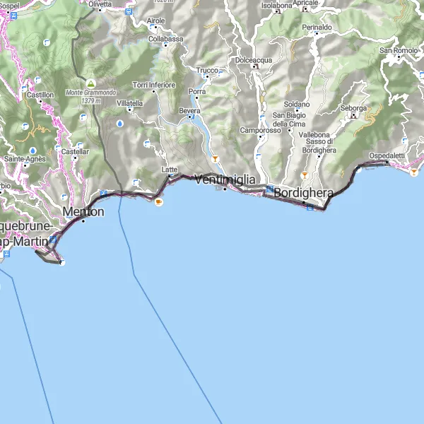 Miniatura della mappa di ispirazione al ciclismo "Esplorazione ciclistica tra Colla Merello e Ospedaletti" nella regione di Liguria, Italy. Generata da Tarmacs.app, pianificatore di rotte ciclistiche