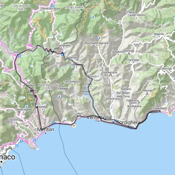 Miniatua del mapa de inspiración ciclista "Aventura de 78 km desde Ospedaletti" en Liguria, Italy. Generado por Tarmacs.app planificador de rutas ciclistas