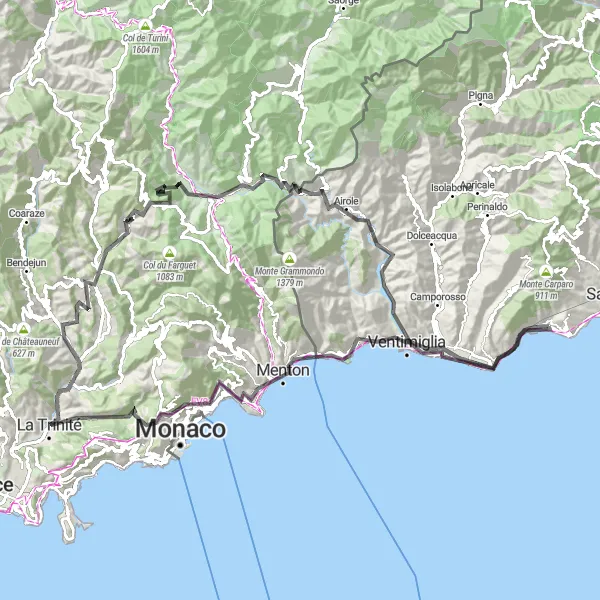 Zemljevid v pomanjšavi "Scenic Road Cycling Loop to Sospel" kolesarske inspiracije v Liguria, Italy. Generirano z načrtovalcem kolesarskih poti Tarmacs.app