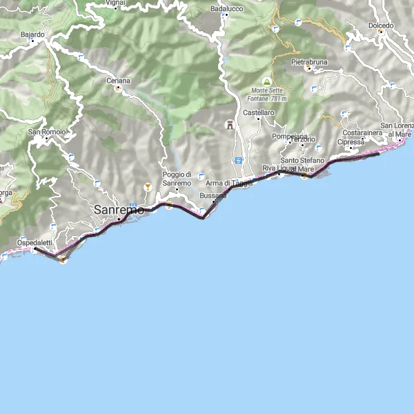 Zemljevid v pomanjšavi "Sanremo - Madonna della Costa Circuit" kolesarske inspiracije v Liguria, Italy. Generirano z načrtovalcem kolesarskih poti Tarmacs.app