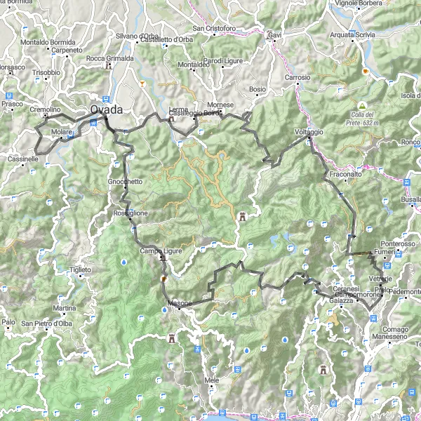 Miniatura della mappa di ispirazione al ciclismo "Esplorazione delle colline liguri in bicicletta" nella regione di Liguria, Italy. Generata da Tarmacs.app, pianificatore di rotte ciclistiche