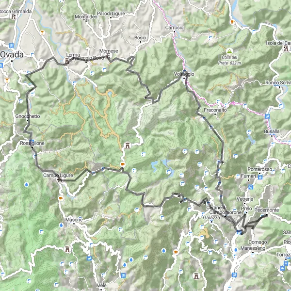 Miniatura della mappa di ispirazione al ciclismo "Giro in Bici su Strada da Pedemonte" nella regione di Liguria, Italy. Generata da Tarmacs.app, pianificatore di rotte ciclistiche