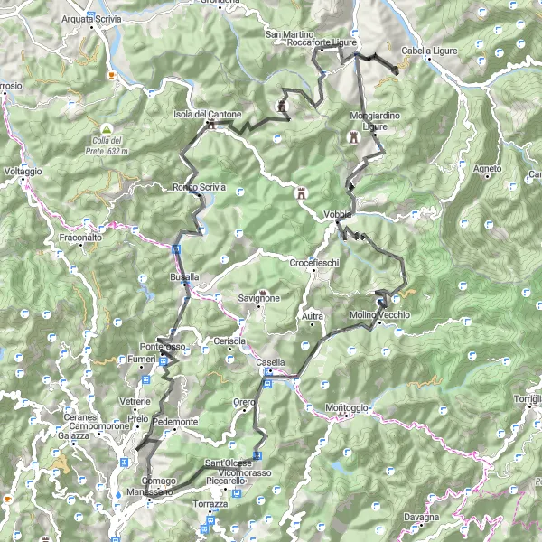 Mapa miniatúra "Cyklistická trasa Pedemonte - Monte Cassinassa" cyklistická inšpirácia v Liguria, Italy. Vygenerované cyklistickým plánovačom trás Tarmacs.app