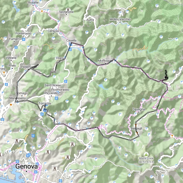 Map miniature of "Pedemonte - Passo della Crocetta di Orero - Casella - Montoggio - Monte Chiappa - Passo della Scoffera - Davagna - Trensasco - Crociera di Pino - Manesseno" cycling inspiration in Liguria, Italy. Generated by Tarmacs.app cycling route planner